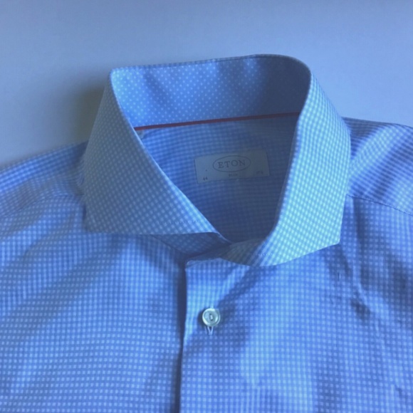 ETON slim light blue mini checkered shirt Sz 17.5 made in Europe - Picture 5 of 7